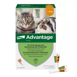 ADVANTAGE 40 mg lahus väikestele kassidele/väikeste lemmikloomade küülikutele, 4X0,4 ml