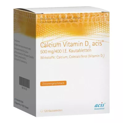 Calcium Vitamin D3 acis® 500 mg/400 IU närimistabletid, 120 tk Calcium Vitamin D3 acis® 500 mg/400 IU närimistabletid, 120 tk